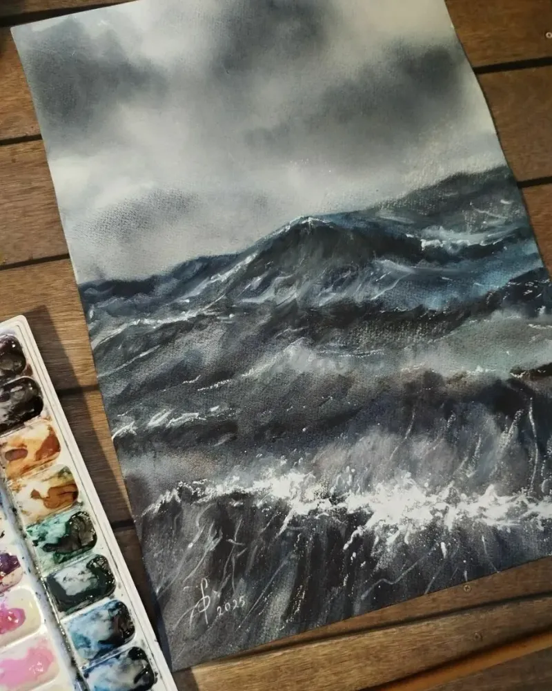 Буря. Шторм на море, акварель — 30×40 см