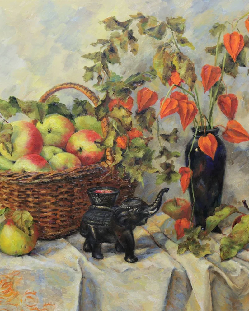 Физалис, яблоки, слоник. Масло, холст, 60х70 см