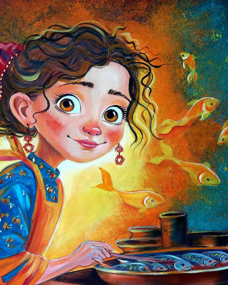 Картина маслом «Казачка у печи». Казачка жарит селёдку