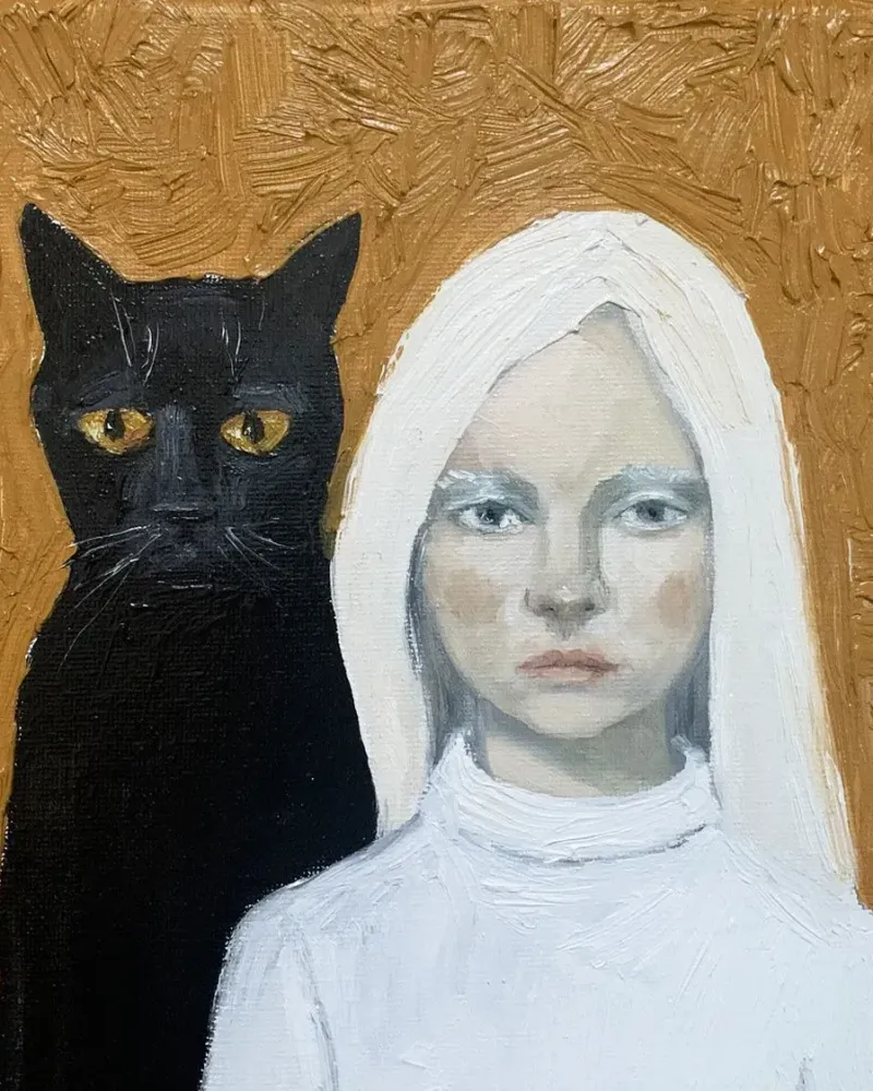 Девочка с котом. Картина маслом 20×20 см — 20×20 см