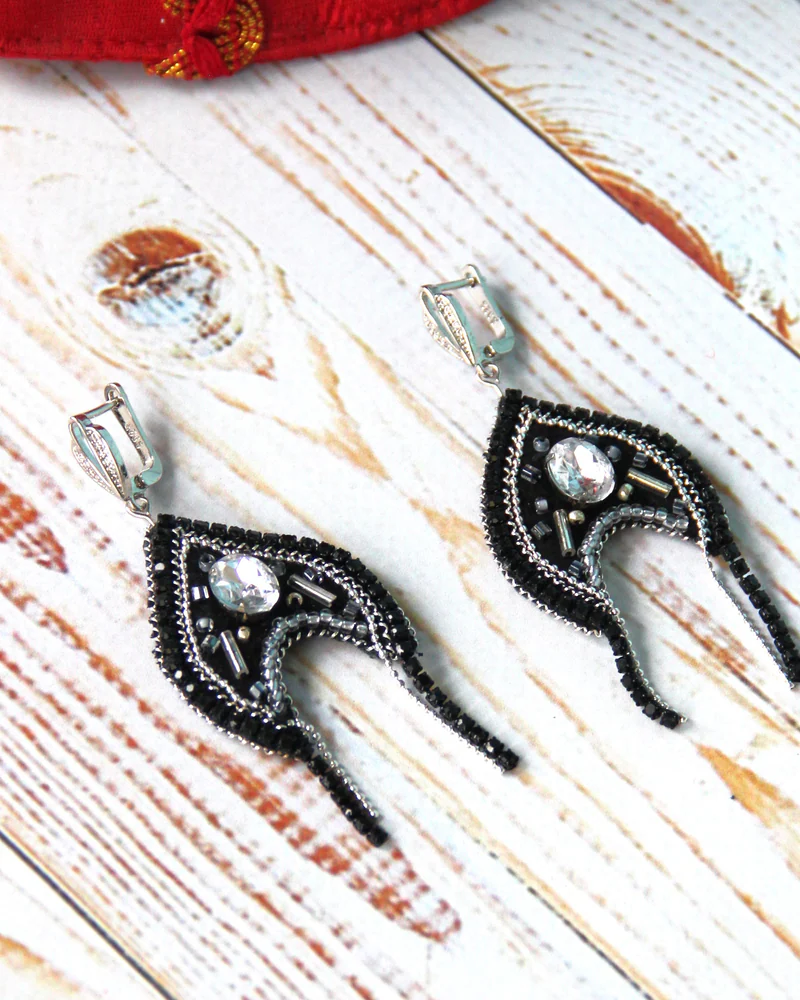Серьги Кокошники — Черный/Серебро