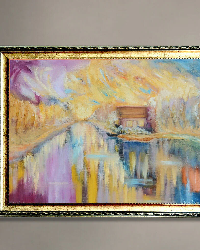 Красочная картина домик у озера
