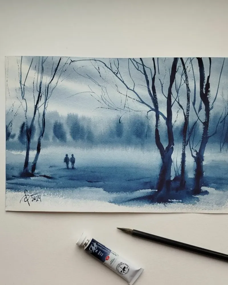 Вдвоём. Зимний пейзаж акварелью — 18×27 см