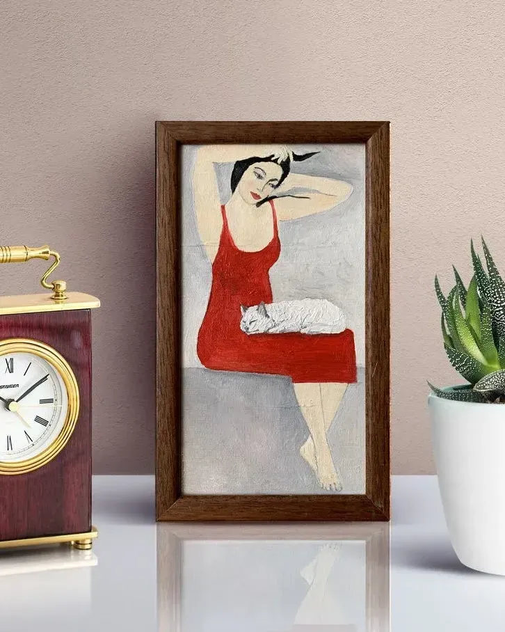 Девушка и кот. Картина маслом 15×25,5 см — 15×25,5 см