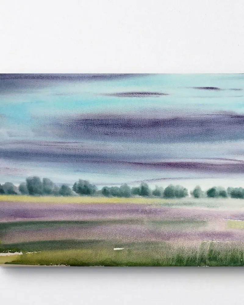 Лавандовые поля. Туман, акварель — 30×40 см
