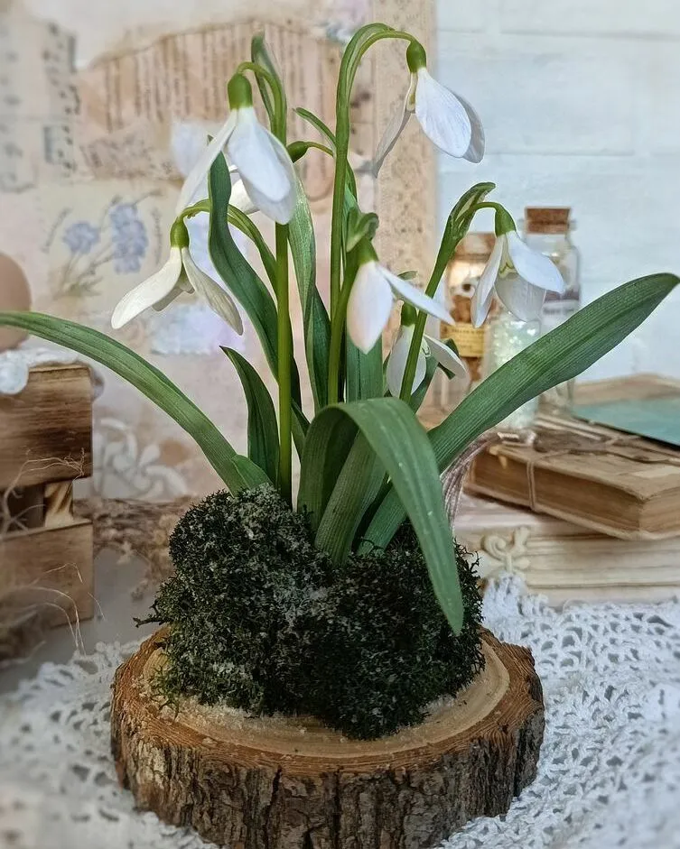 Подснежники из полимерной глины холодный фарфор ручной работы — Подснежники на пне