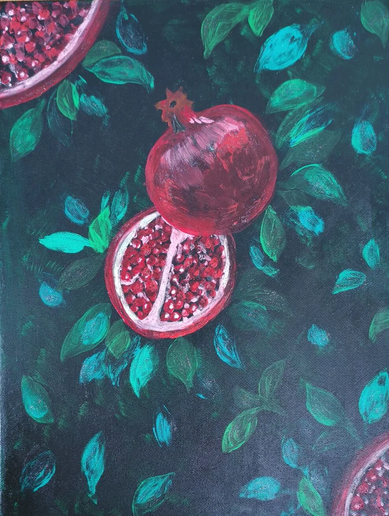 Картина «Гранаты в зелени», акрил, 30×40 см
