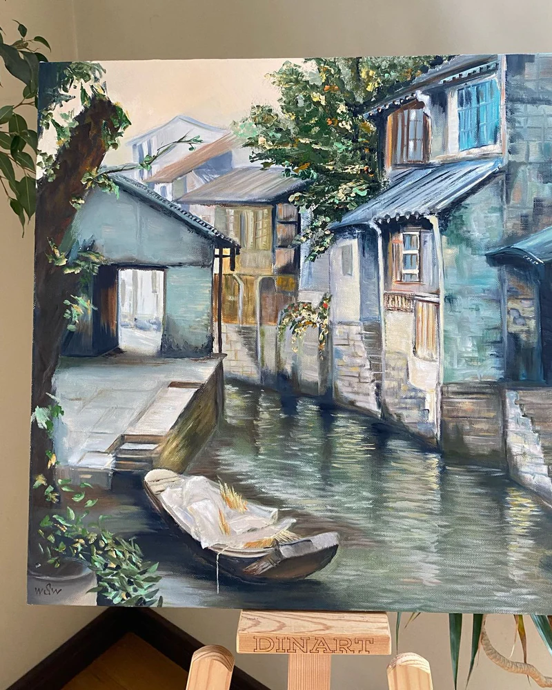 Картина маслом 50×50 см. Китайская Венеция. Пейзаж — Оригинал