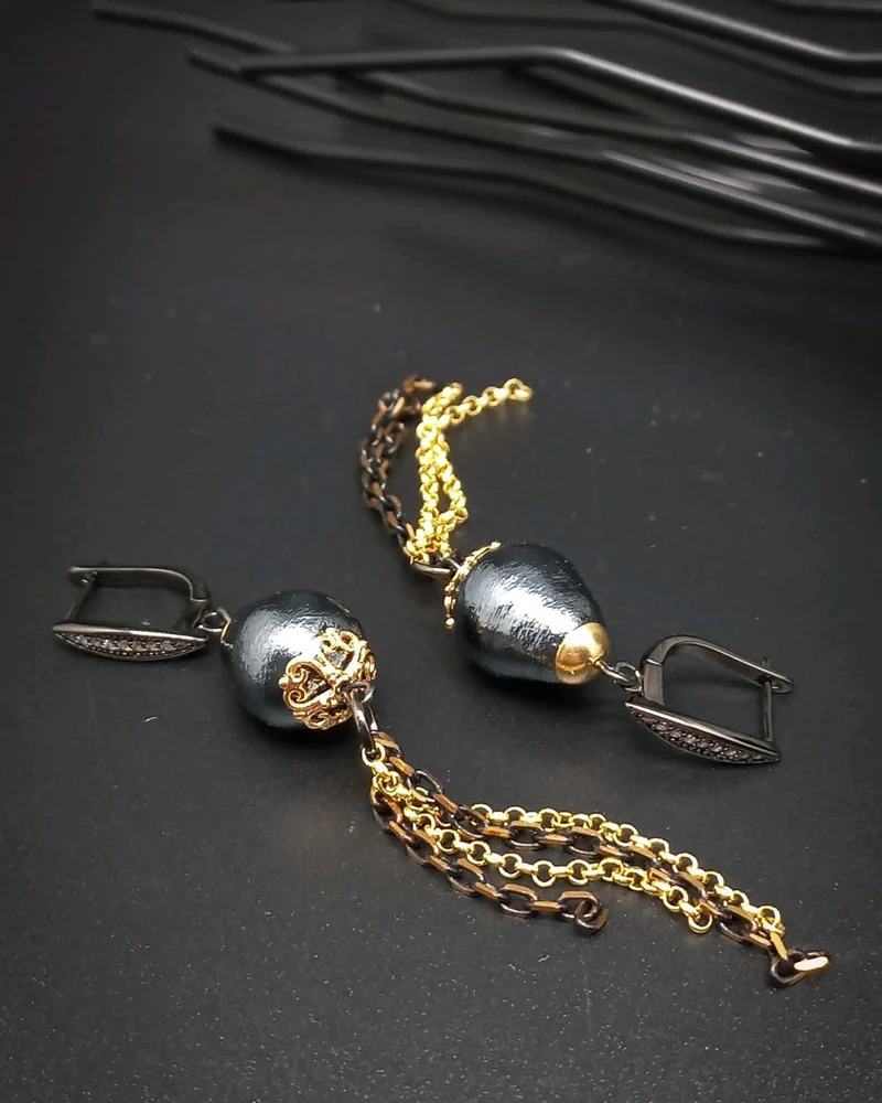 Серьги Black and gold хлопковый жемчуг черный золотой
