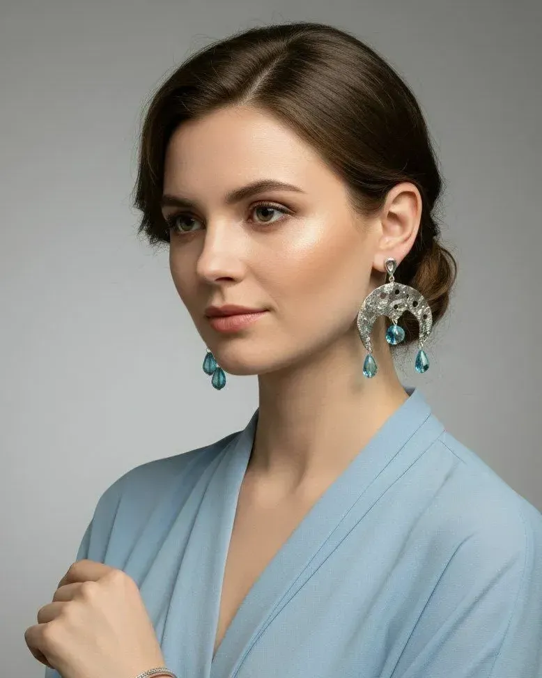 Серьги крупные лунница со стеклом