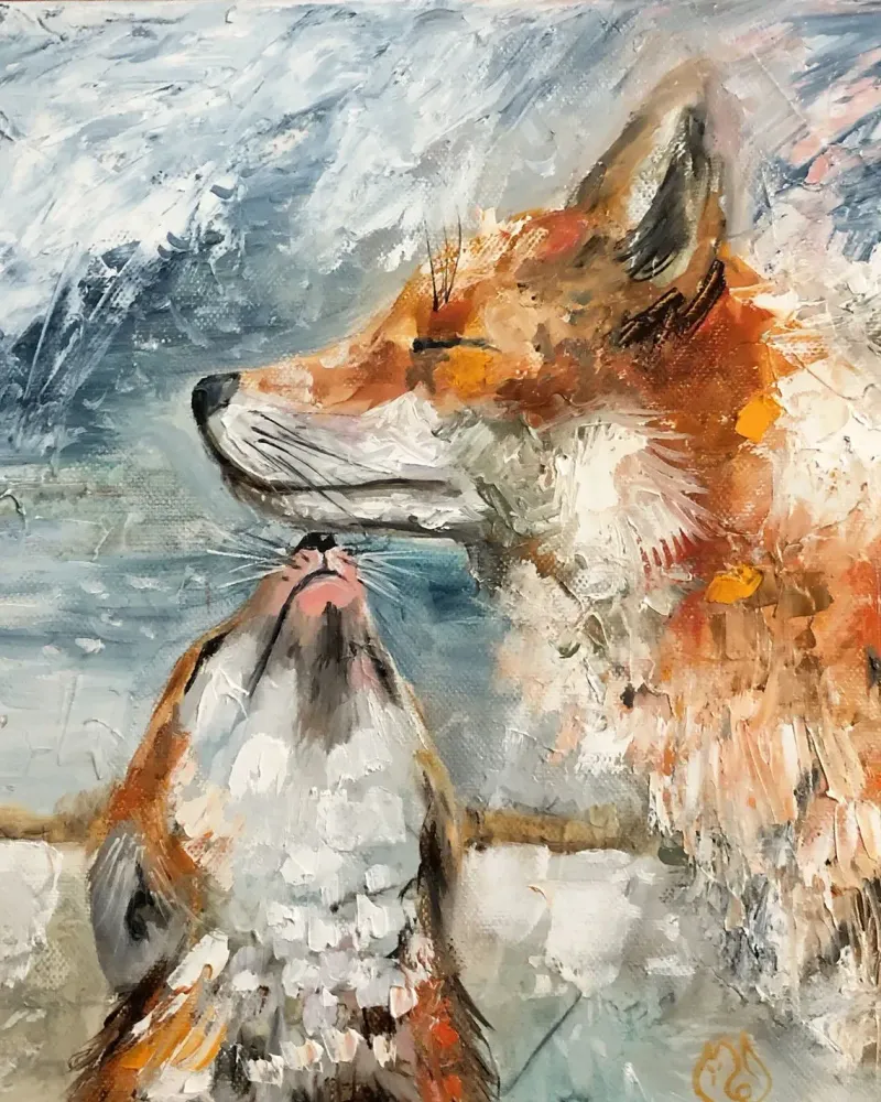 Лиса мама и малыш. Картина маслом 30×30 см — 30×30 см