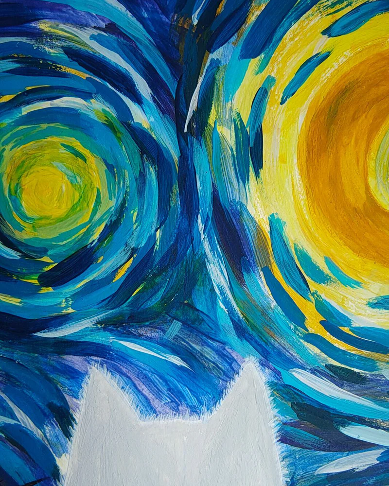 Звёздная кошачья ночь. 29,5×42 см. Акрил, бумага