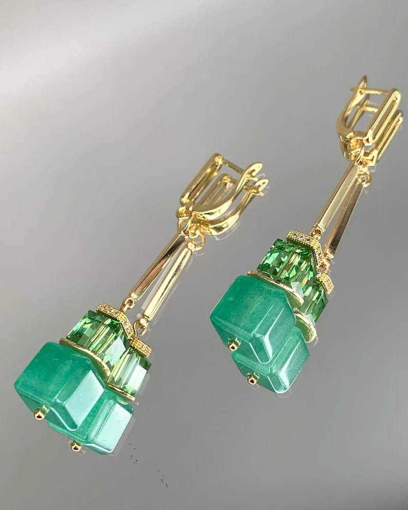 Серьги с зелёным авантюрином и кристаллами Swarovski