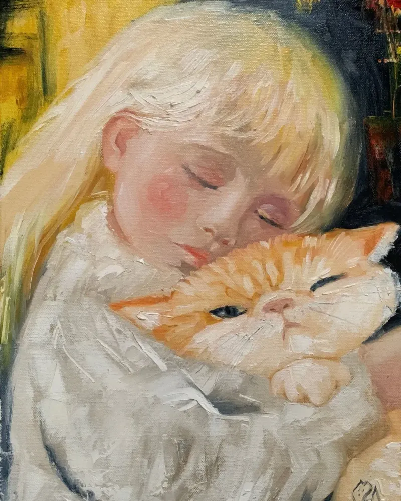 Девочка и рыжий кот. Картина маслом 30×40 см — 30×40 см