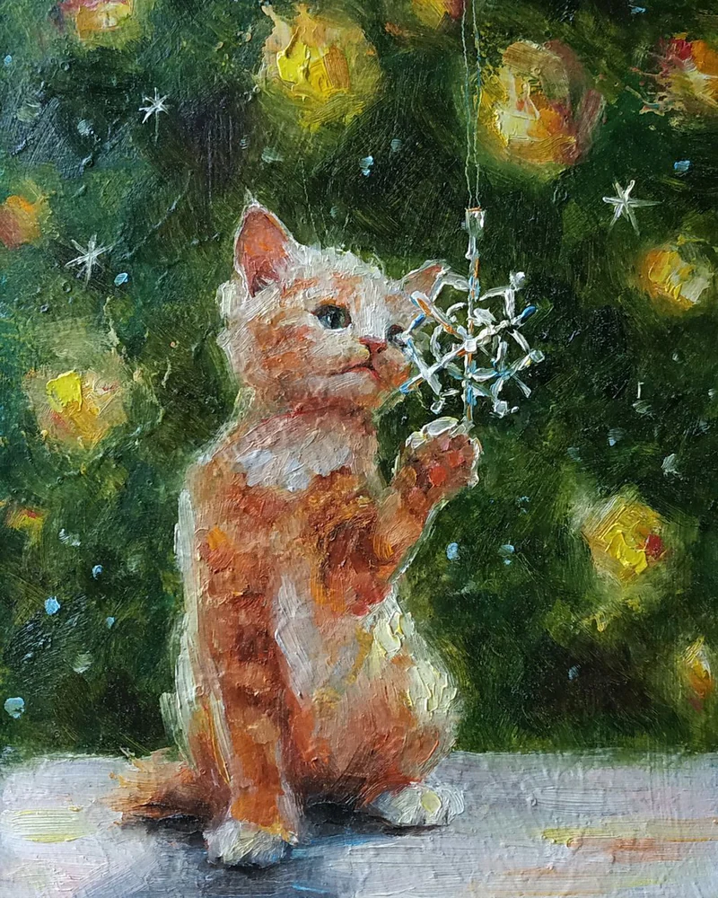 Новогодние котики. Картины маслом