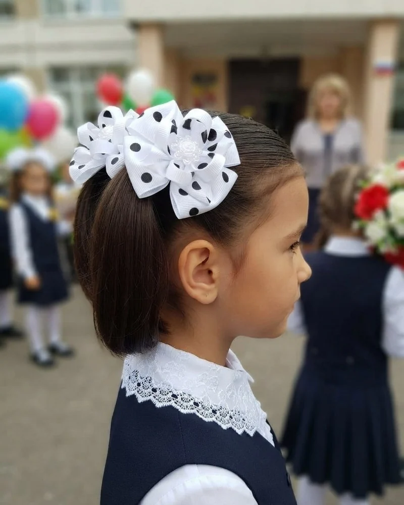 Школьные бантики «Камелия» — Белые в чёрный горох