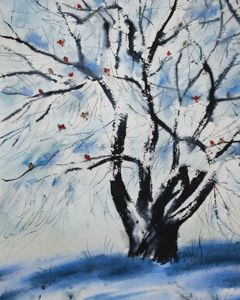 Снегири. Зимний пейзаж акварелью — 30×40 см