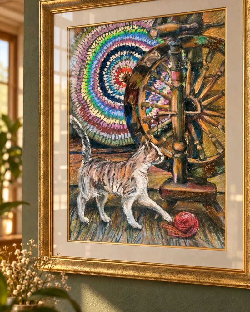 Картина сухой пастелью "Кот с клубком", 50х70