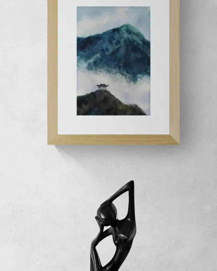 Тишина. Пагода в горах, акварель — 13×19 см