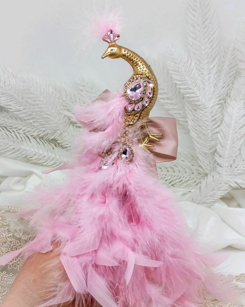 Ёлочные игрушка павлин розовый золотой