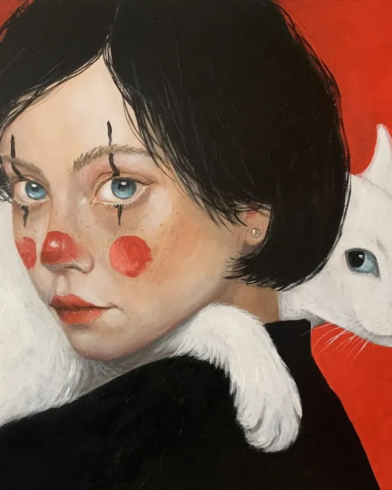 Клоунесса и белый кот. Картина маслом 60×70 см — 60×70 см