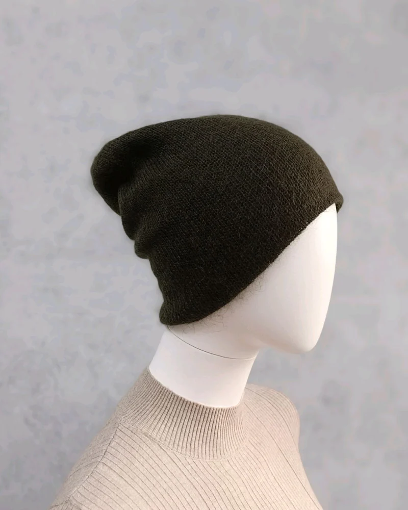 Двойная шапка бини Облако Super Kid Mohair — Коричнеао-зеленый, сложный, красивый отт