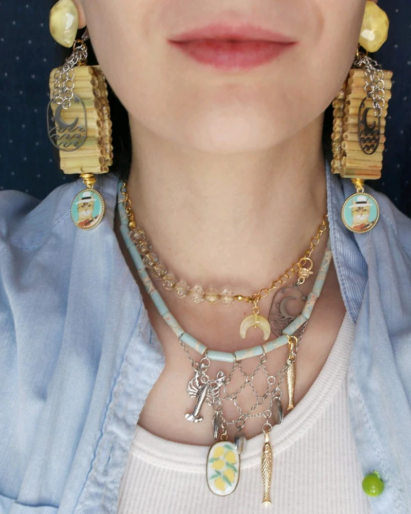 Сет: клипсы с котом Хорхе + ожерелье с сетью — Сет: клипсы с котом Хорхе + ожерелье