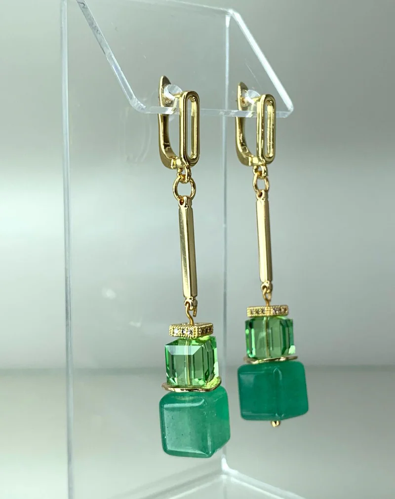 Серьги с зелёным авантюрином и кристаллами Swarovski