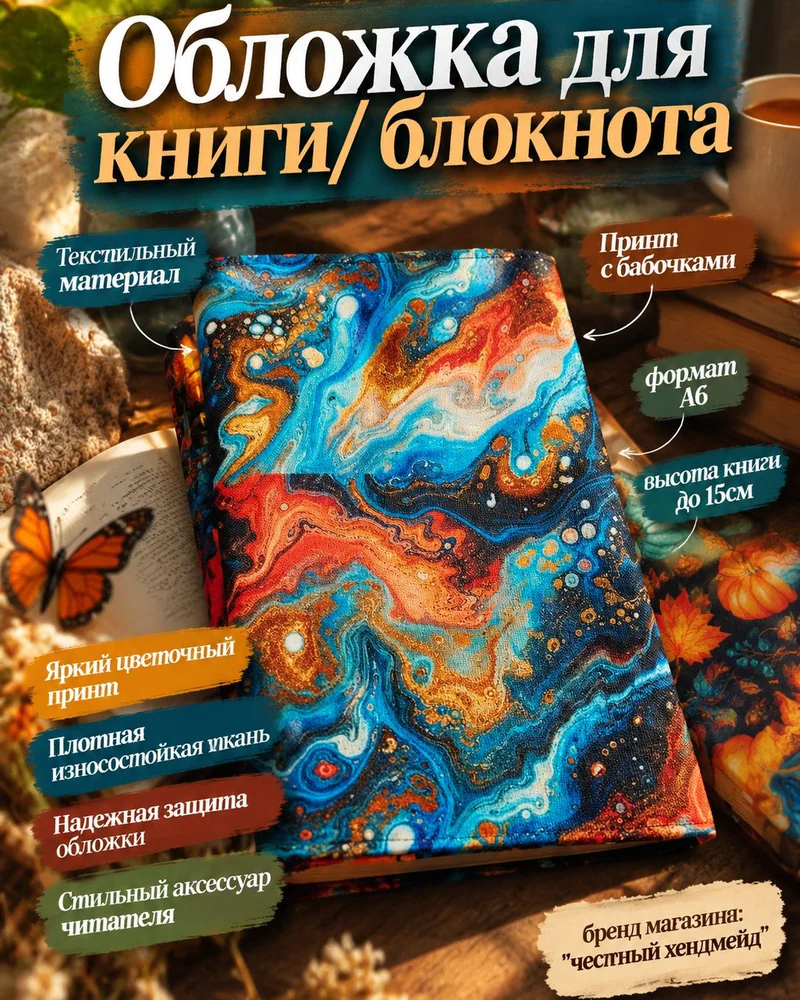 Тканевая обложка для книги и блокнота A6 — A6, сине-оранжевый принт