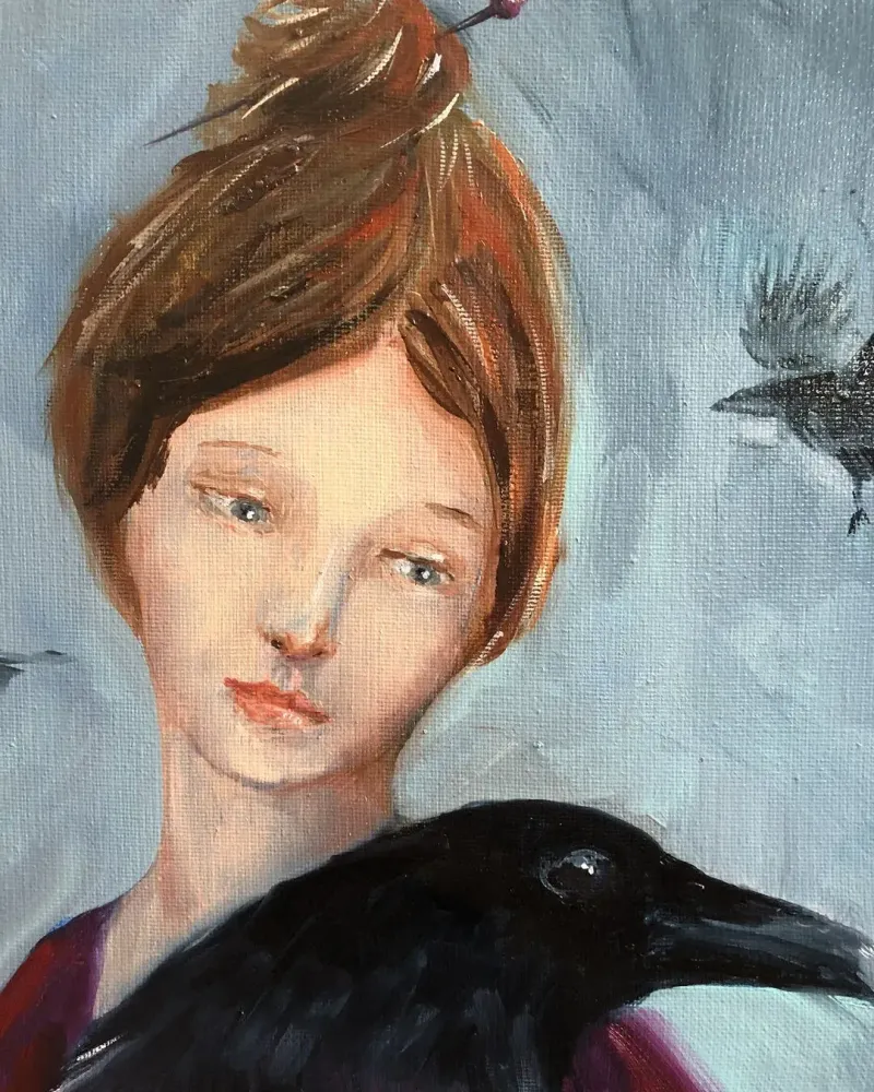 Девушка и ворон. Картина маслом 35×50 см — 35×50 см