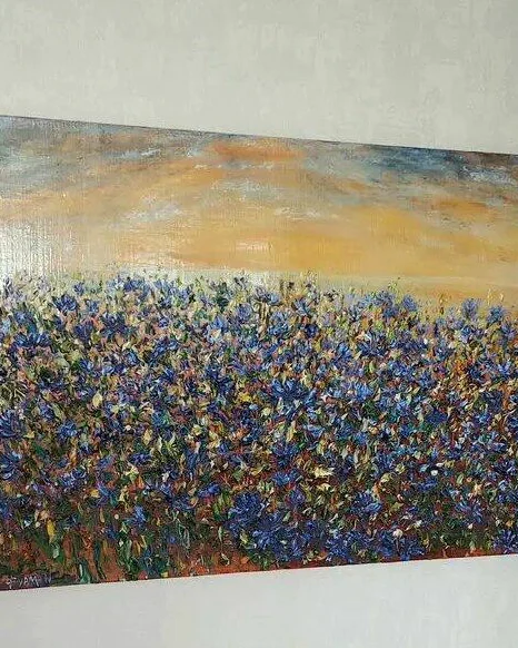 Васильки луг и закат картина маслом на холсте