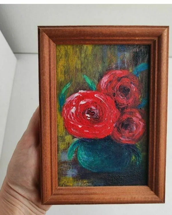 Картина с пионами натюрморт в раме 10×15 см