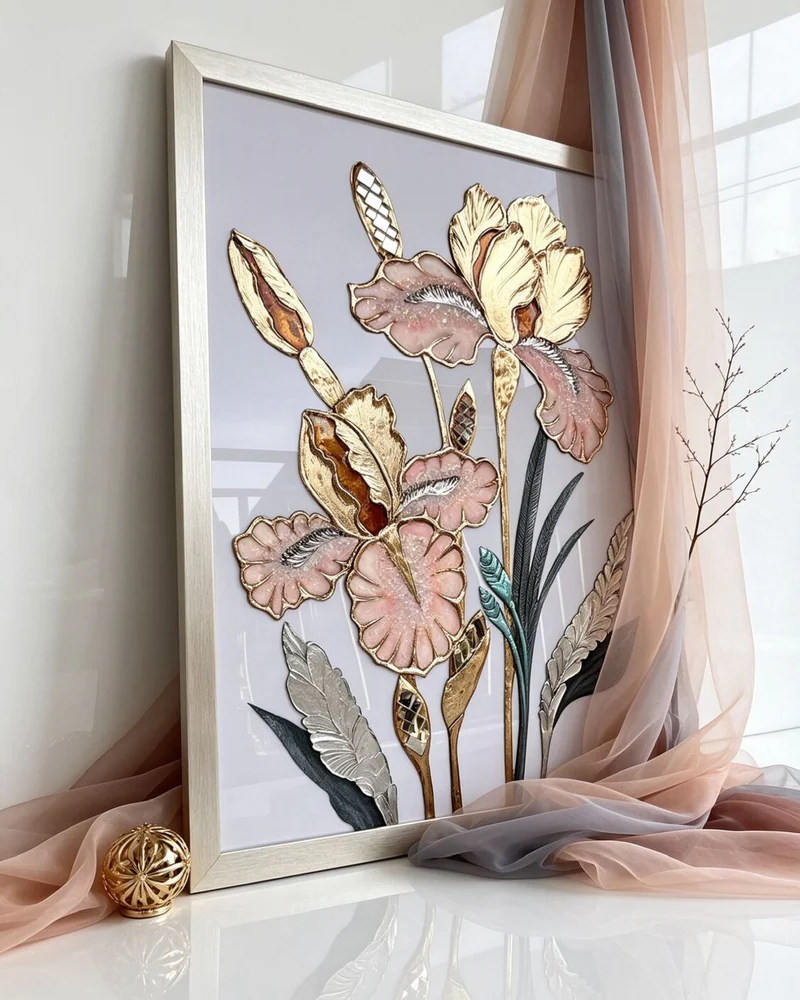 Картина «Ирисы», 50×70 см, на молочном фоне