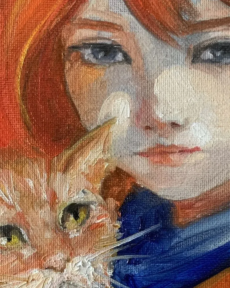 Девочка и котенок. Картина маслом 20×30 см — 20×30 см