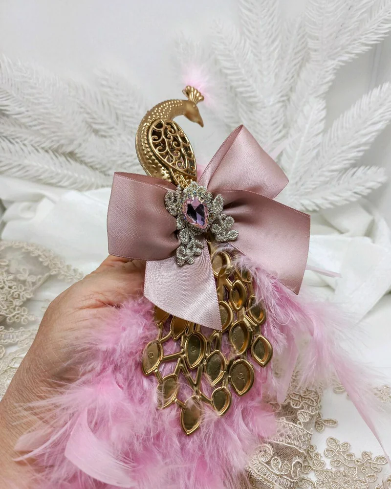 Ёлочные игрушка павлин розовый золотой