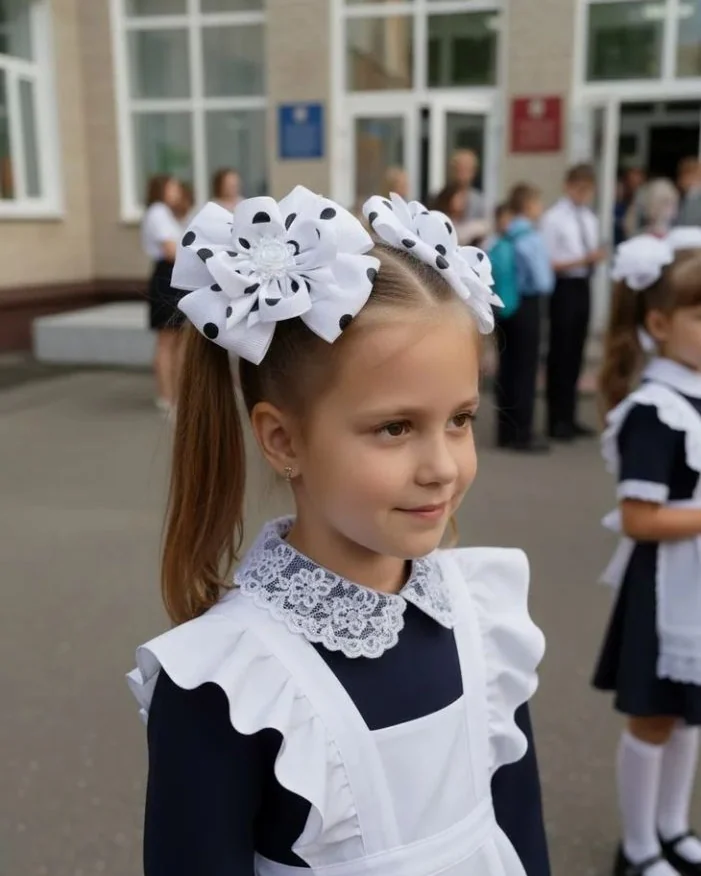 Школьные бантики «Камелия» — Белые в чёрный горох