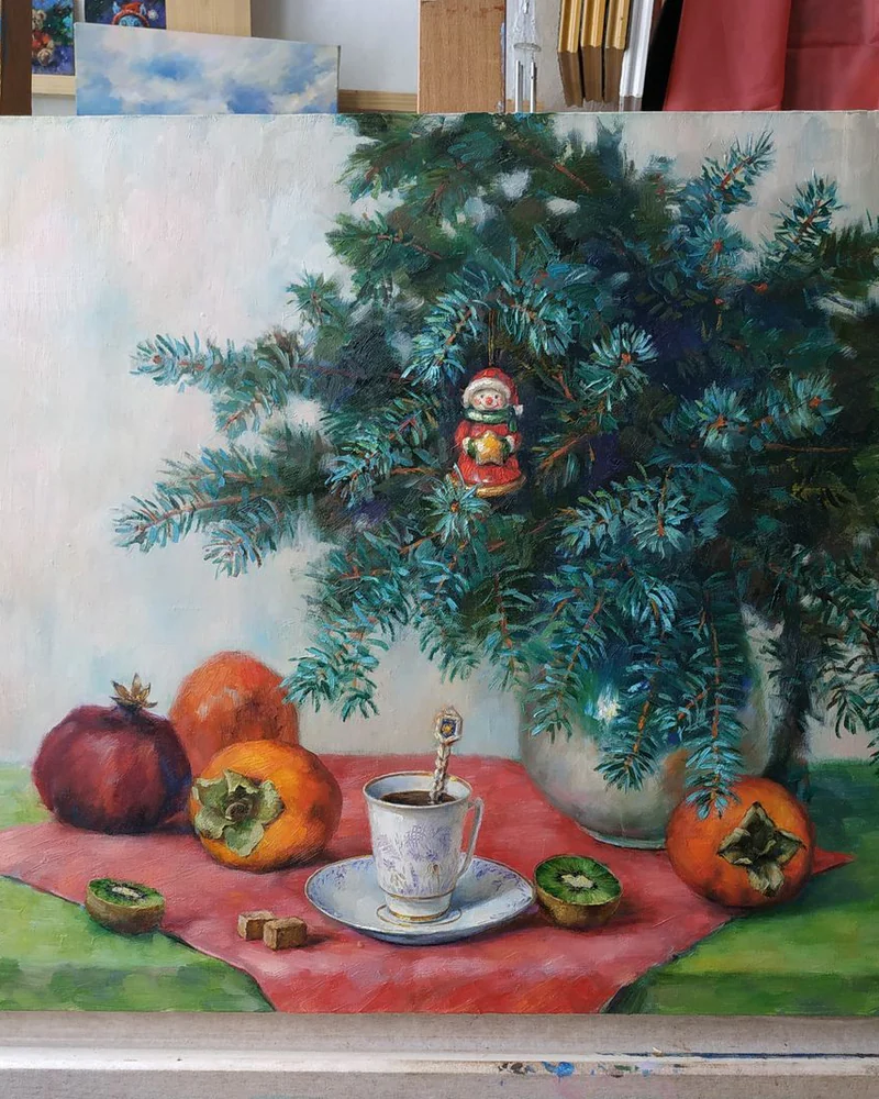 Новогодняя чашечка кофе. Картина маслом на холсте