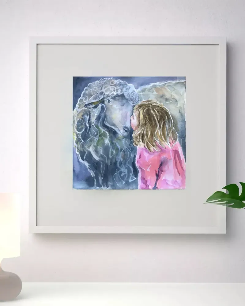 Девочка и овечка. Акварель 18×18 см — 18×18 см