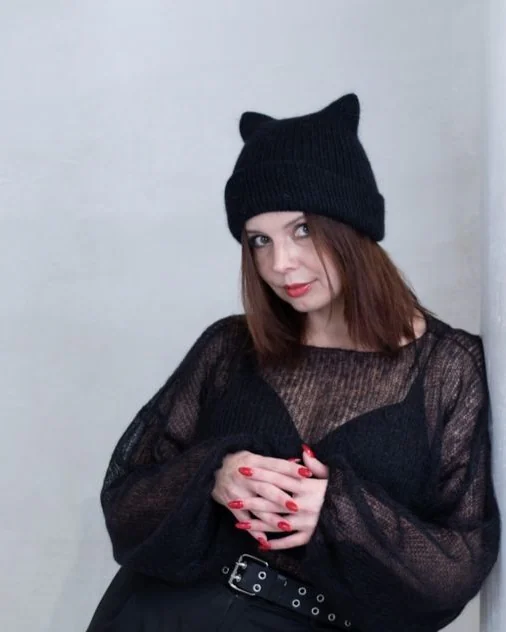 Бесшовная шапка кошка двойная из ангоры шапка