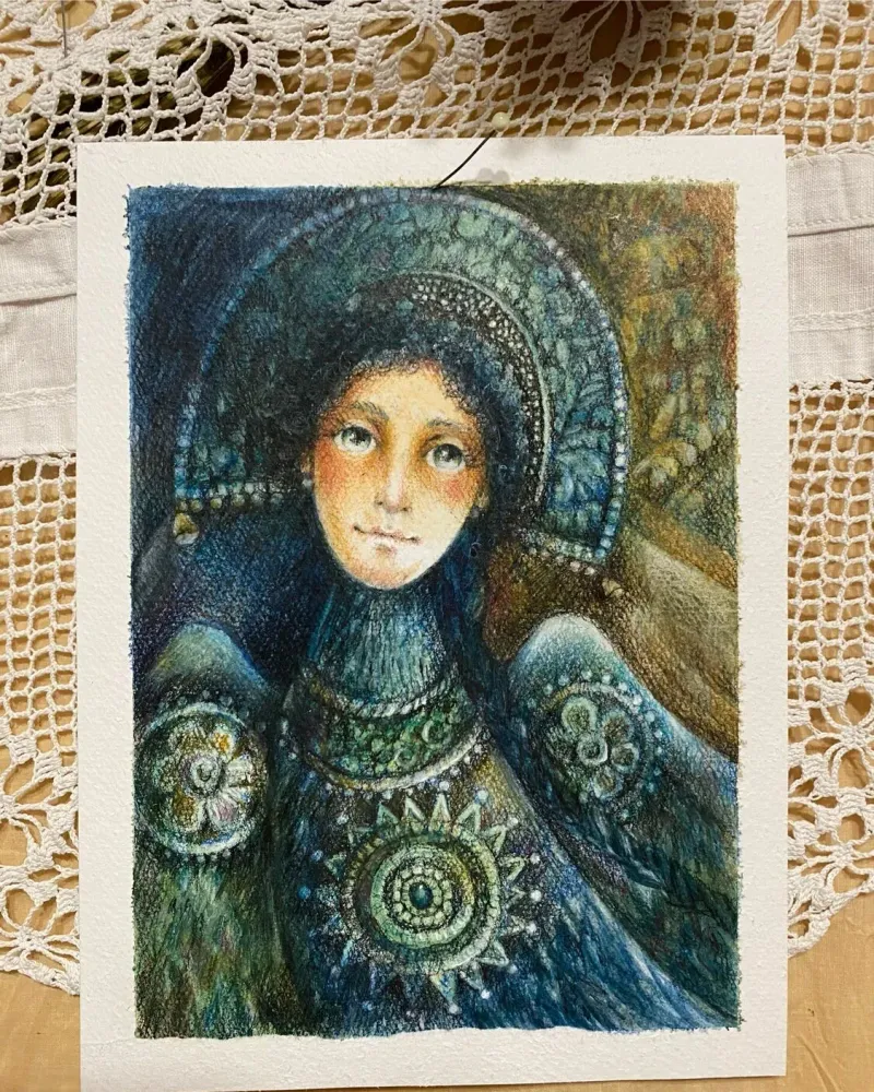 «Дева-птица», масляная пастель, в раме 24×18 см