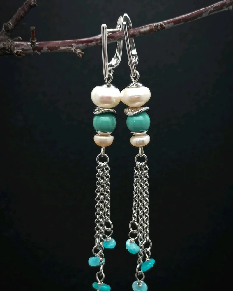 Серьги Таити амазонит белый бирюзовый