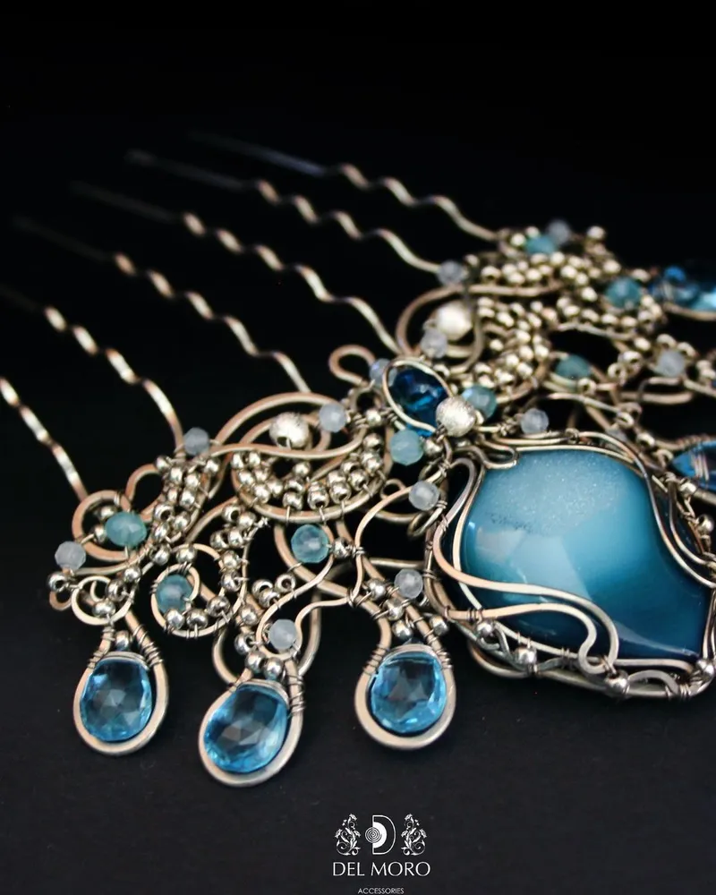 Гребень корона свадебный с камнями голубой "Mermaid crown"