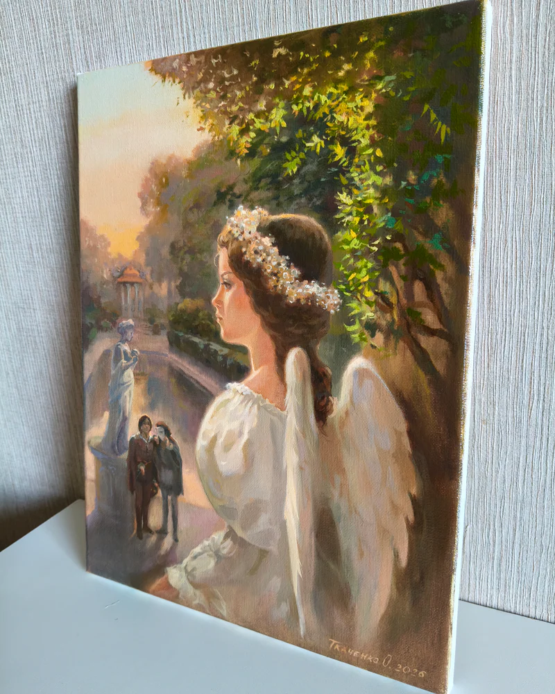 Картина маслом "Предчувствие. Джульетта на балу в костюме ангела" 40*30
