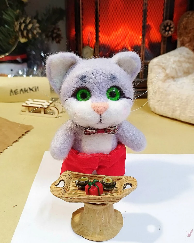 Серый Котик игрушка из шерсти, фигурка кота
