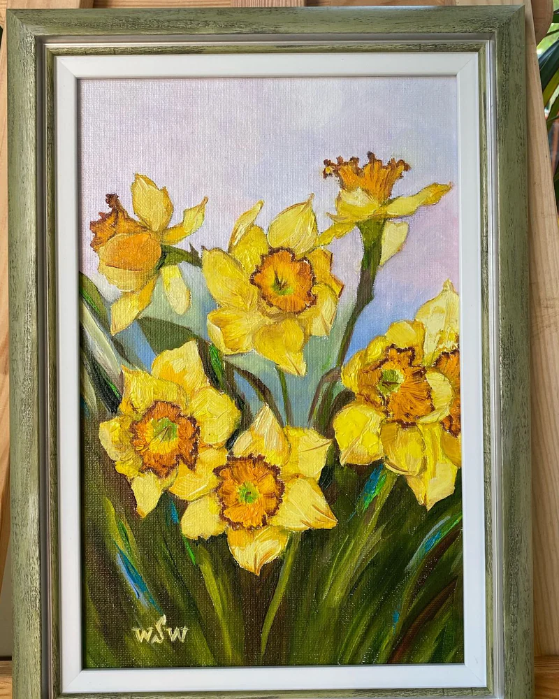 Картина маслом цветы. Нарциссы. Натюрморт 25×35 см — Оригинал