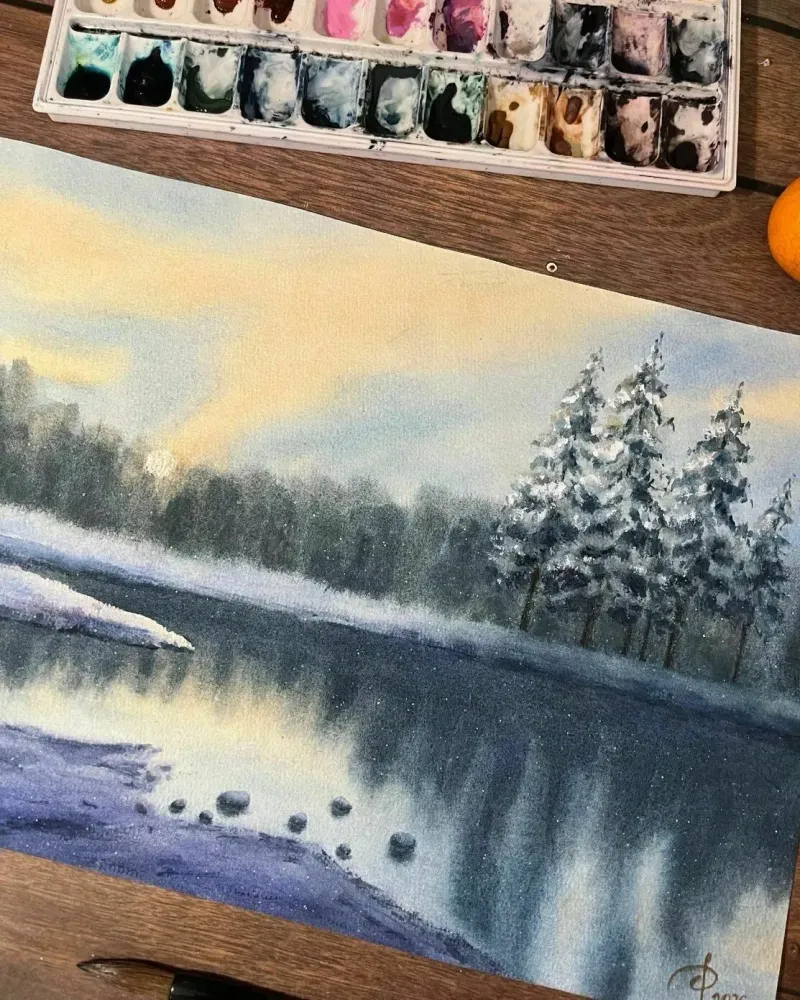 Зимний пейзаж с рекой. Акварель — 30×42 см