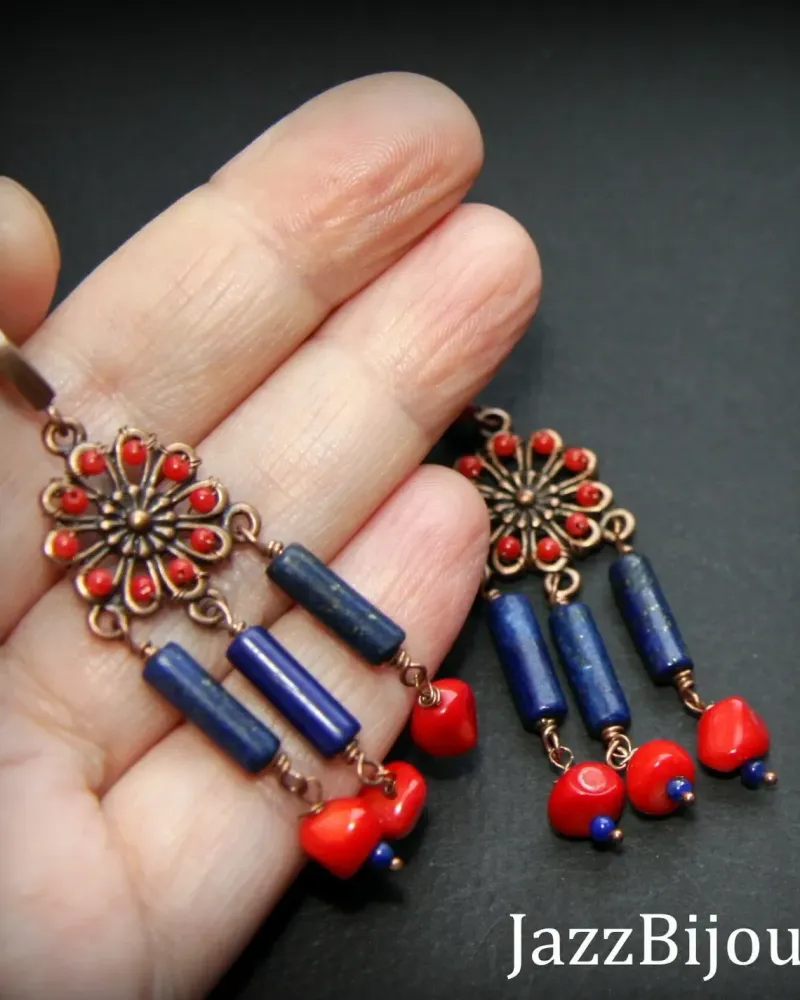 Серьги с лазуритом и кораллом — Лазурит и коралл