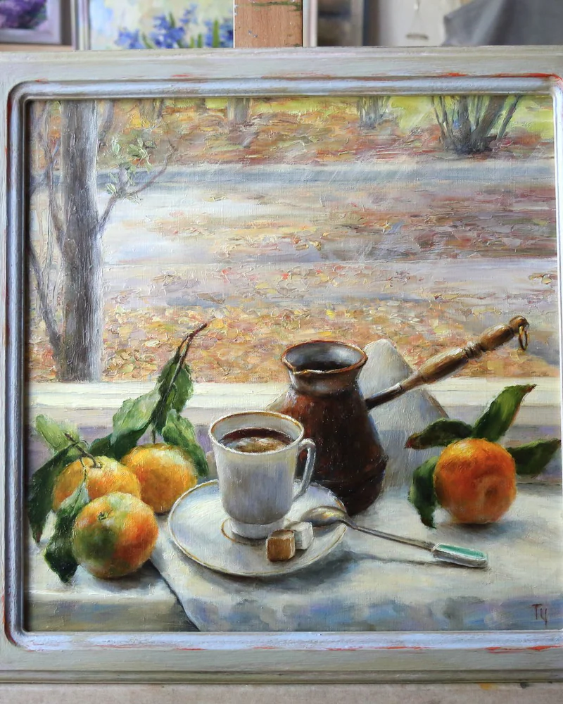 Кофе и мандарины картина маслом на холсте