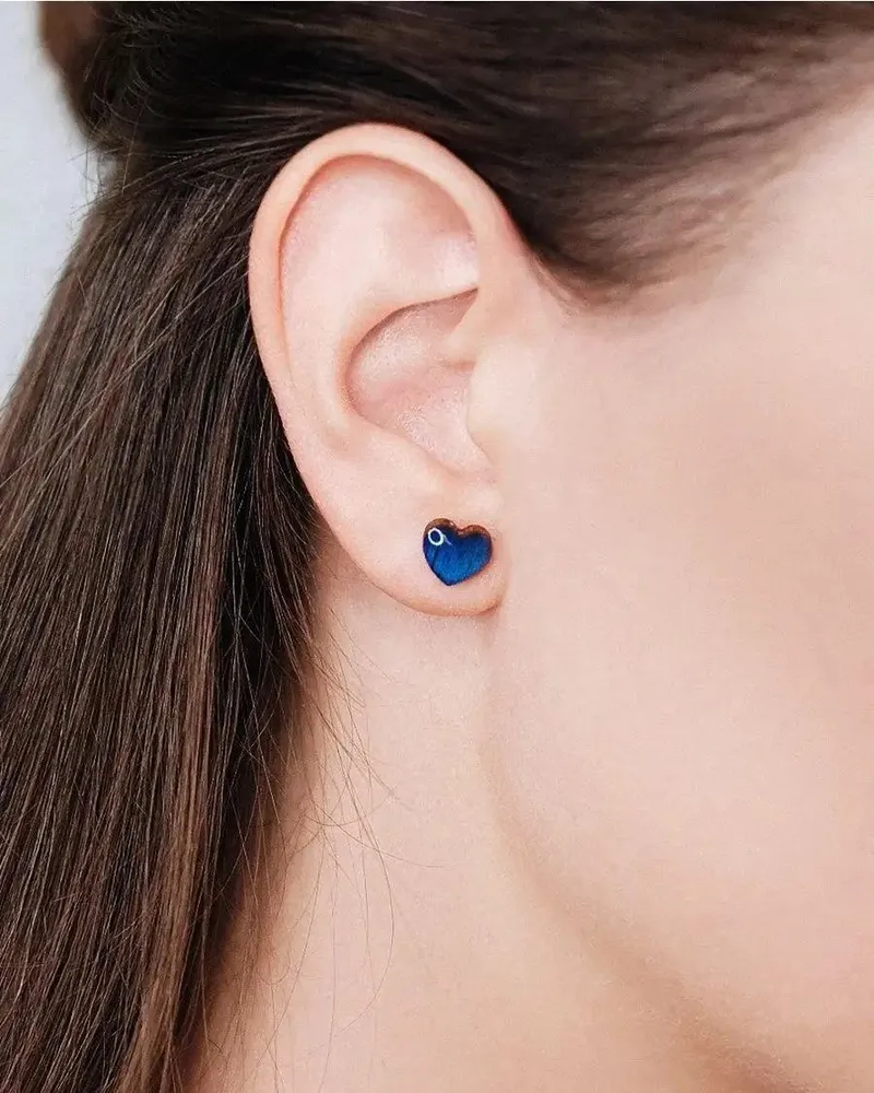Серьги сердце для девочки деревянные — синий