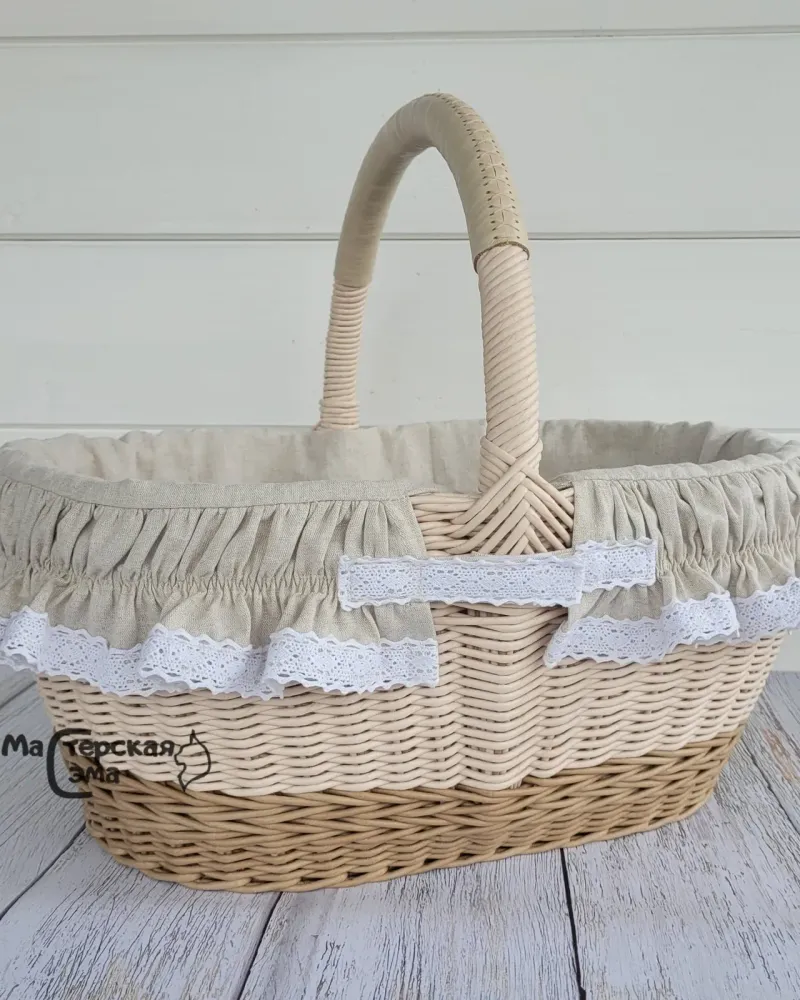 Плетёная корзина с чехлом и крышкой — Льняной чехол